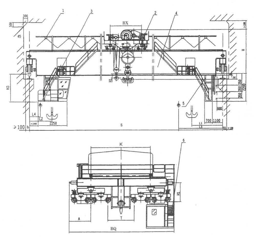 QD型吊鉤橋式起重機(jī)外形尺寸圖（125/32、160/50、200/50、250/50噸）